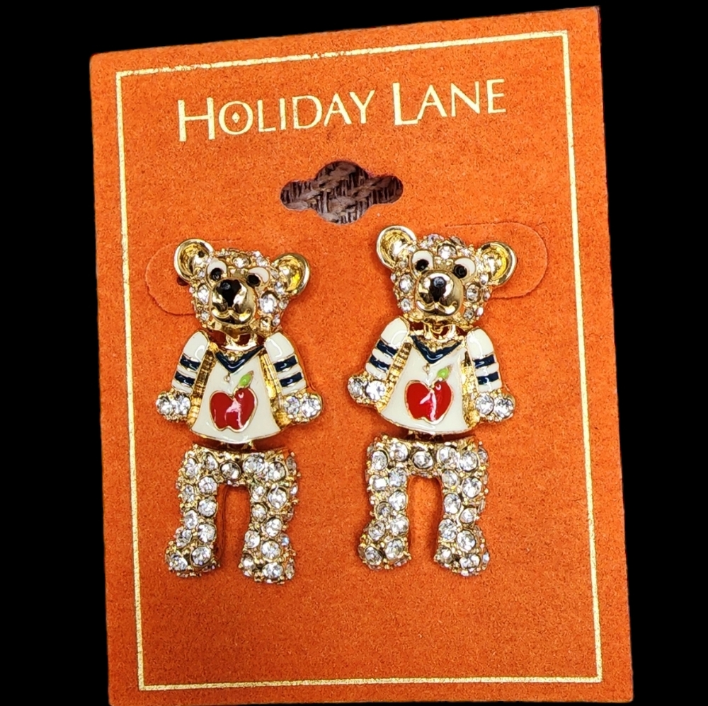 Holiday Lane Gold Tone Crystal Apple Bear Drop Earrings, New
